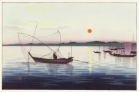 Boats and setting sun by Ohara Koson