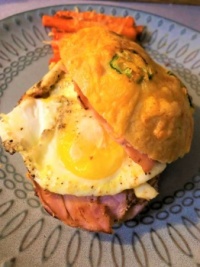Ham and Egg on a Homemade Jalapeño and Cheddar Bagel