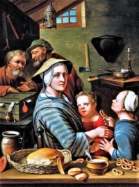A kitchen interior with figures