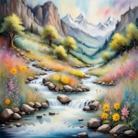 Mountain Stream with waterfall, resizable 9 to 483 pieces