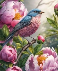 Finch in the Peonies