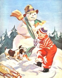 Themes Vintage illustrations/pictures - A little terrier dog helps a boy make a snowman