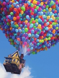Up up and away, house and beautiful balloons....