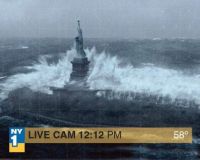 Hurricane Sandy hitting the Statue of Liberty