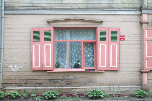 A cat in a window in Riga, by Kārlis Dambrāns