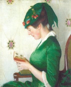 Solve Lady In Emerald Green Hat & Dress, A Painting Titled 'The Album' By  William McGregor Paxton jigsaw puzzle online with 238 pieces