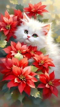 White Cat Among Red Flowers