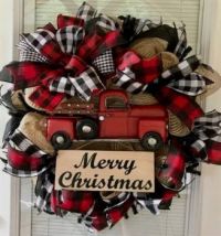 Red Truck with buffalo plaid ribbon Wreath