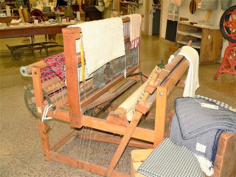D2 - Example small loom and resulting woven fabrics, Amana Furniture, Ia, Jul 2016