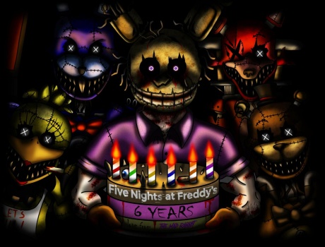 Solve fnaf 6 year anniversary slasher animatronics + william afton slasher  jigsaw puzzle online with 63 pieces