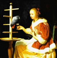 1663_Young_Woman_in_a_Red_Jacket_Feeding_a_Parrot_
