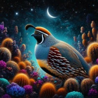 Larry the male Gambel's quail,in the desert with the crescent moon