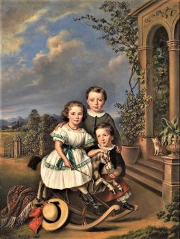 Portrait of three children in front of a garden pavilion