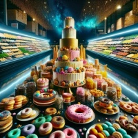AI-generated table fancy desserts colorfully iced sprinkled donuts stacks of cookies tall frosted cakes hard candies pink yellow green turquoise bright lighting starry background