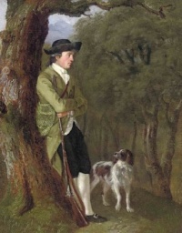 Swiss School, Portrait of a Gentleman, Full-Length, in Hunting Dress, Holding a Rifle, with a Spaniel, in a Landscape (ca 1800)