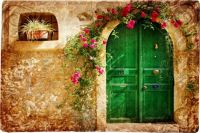vintage-loveliness-old-city-stone-house-door-pattern-crimson-flowers