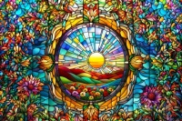 AI Stained Glass Window of a Sun and Flowers