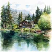 Watercolor Cabin on the Lake