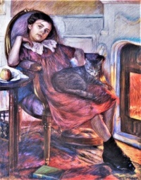 Girl with a Cat by the Fireplace