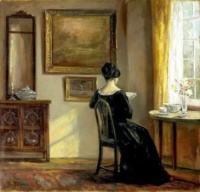 Carl Vilhelm Holsoe - Sunlight through the Window on Breakfast with Gilded Framed Art.