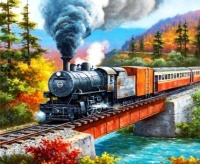 Steam locomotive crossing the river