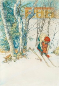 Skidlöperska / Flicka spänner på sig skidorna (Cross-country skier / Girl Puts on Her Skis), Carl Larsson, 1911