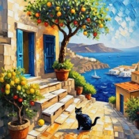 Charming Mediterranean Village with Coastal Scene, Lemon Trees, Blue Doors and Friendly Cat