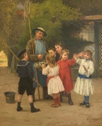 "The bait seller, kids going fishing"