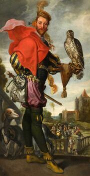 Flemish School, Portrait of a Falconer, the Amsterdam Gate in Haarlem in the Distance (17th century)