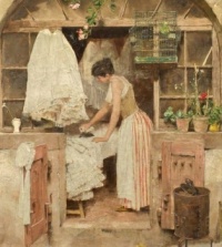 WHEN THE LAUNDRY COMES OFF THE LINE / Edouard John Menta (Swiss 1858-1915) - The Ironer