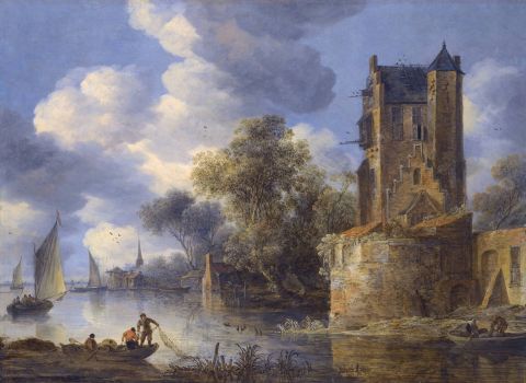 River landscape with a bastion ~ Adriaen van der Cabel (1630/1631–1705)