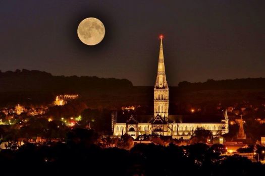 Salisbury Cathedral in the moonlight