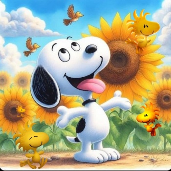 Solve Snoopy Sunflowers jigsaw puzzle online with 81 pieces