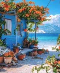 Blue Beach House With Lots of Plants....