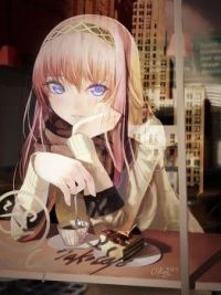 Megurine Luka in a cafe