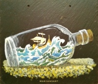 In a bottle. Original acrylic painting on slate roof tile