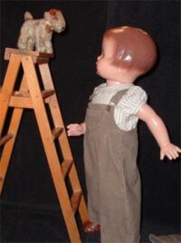 Vintage Patsy Composition Doll & Her Stuffed Dog On A Ladder