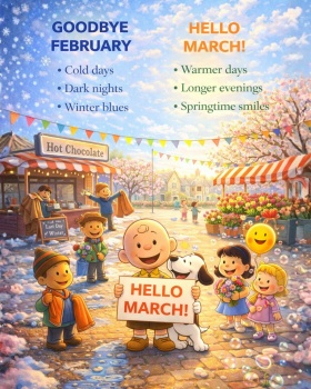 Solve Peanuts GB Feb Hello March jigsaw puzzle online with 63 pieces
