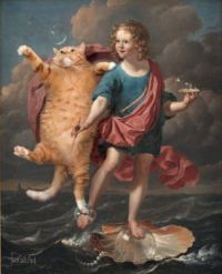 Boy blowing soap bubbles and cat hunting for them-Karel Dujardin