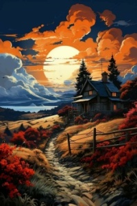 Mountain cottage on the sunset