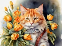 Orange Tulips and cat, resizable 12 to 594 pieces