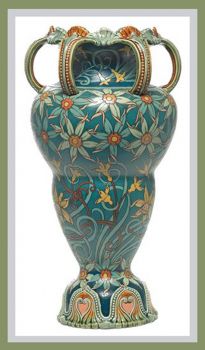 Mettlach vase, large unusual shape with six looping handles at top above a finely incised and painted floral design