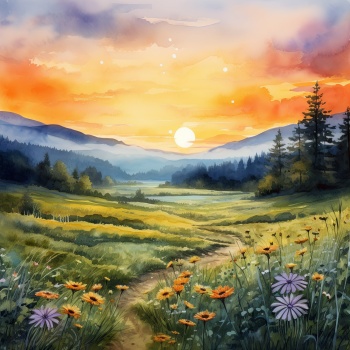 Solve Watercolor Sunset Meadow jigsaw puzzle online with 100 pieces