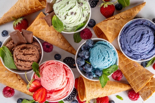 Ice cream, berries, and waffle cones