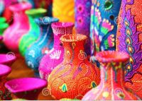 colorful painted vases and pots