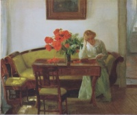 Anna Ancher - Interior with poppies and reading woman