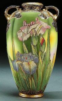 A NIPPON CORALENE DECORATED PORCELAIN HANDLED VASE, CIRCA 1909 WITH BEADED GLASS DECORATION OF IRIS ON A MOTTLED GREEN, PINK AND YELLOW SATIN GROUND