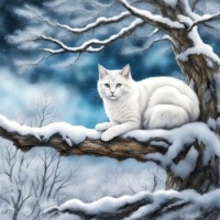 White Cat on Snow-Covered Tree Branch from My life with cats FB