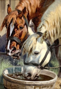 Karl Hansen Reistrup (Danish, 1863–1929), Two Horses Drinking from a Bucket (1926)
