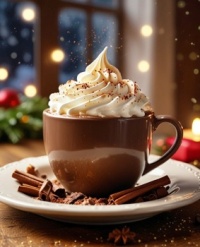 A cup of hot chocolate on a wooden table, with rich, creamy chocolate.